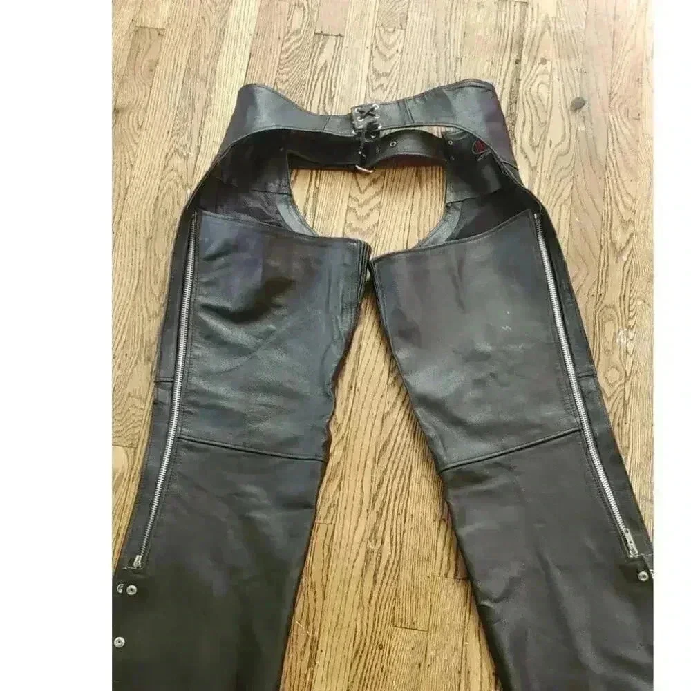 Jafrum genuine leather‎ biker moto full riding chaps size large zip and snaps - Picture 8 of 9